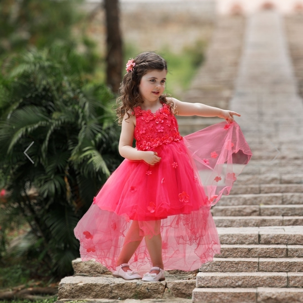 Beautiful Coral High to Low Vibrant Flowery kids dress! Absolutely gorgeous